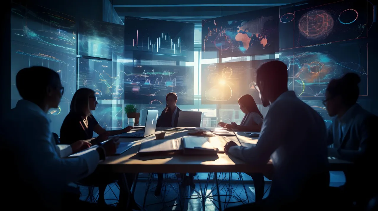 Team meeting in a dim room with data screens in the background