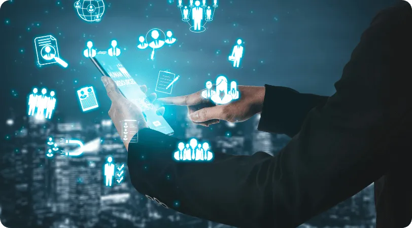 Hand touching a tablet surrounded by glowing network icons