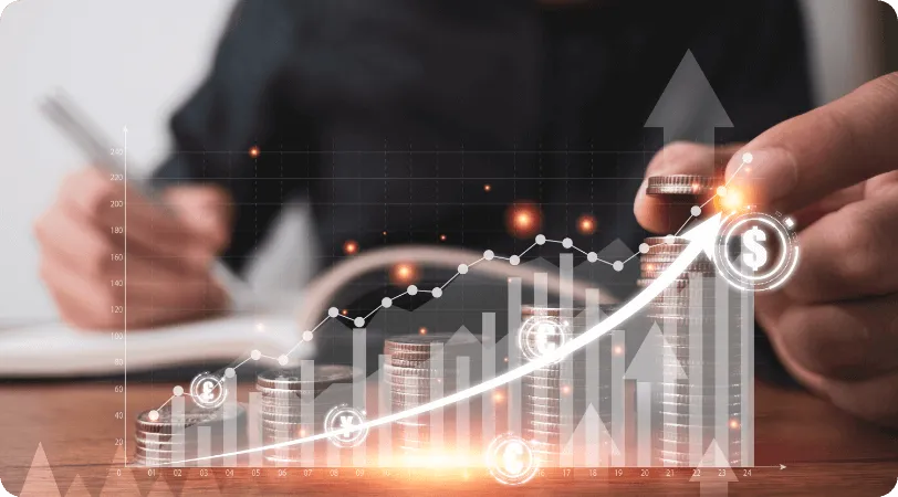 Stacks of coins with a rising growth chart and arrow
